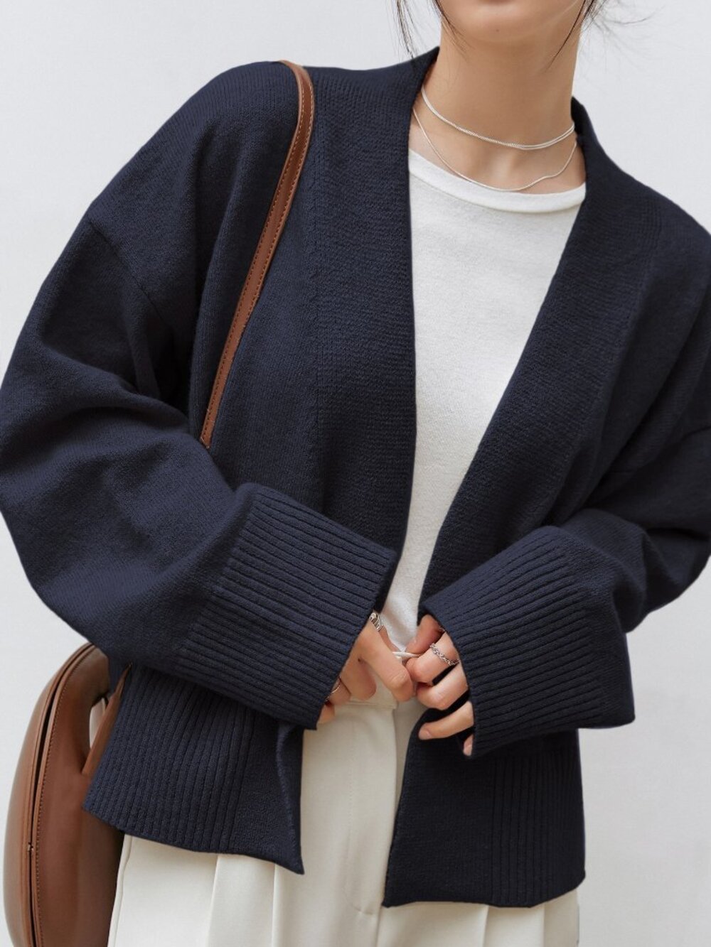Navy Blue Casual Women's Drop Shoulder Belted V Neck Long Sleeve Cardigan Tops - Picture 5 of 5